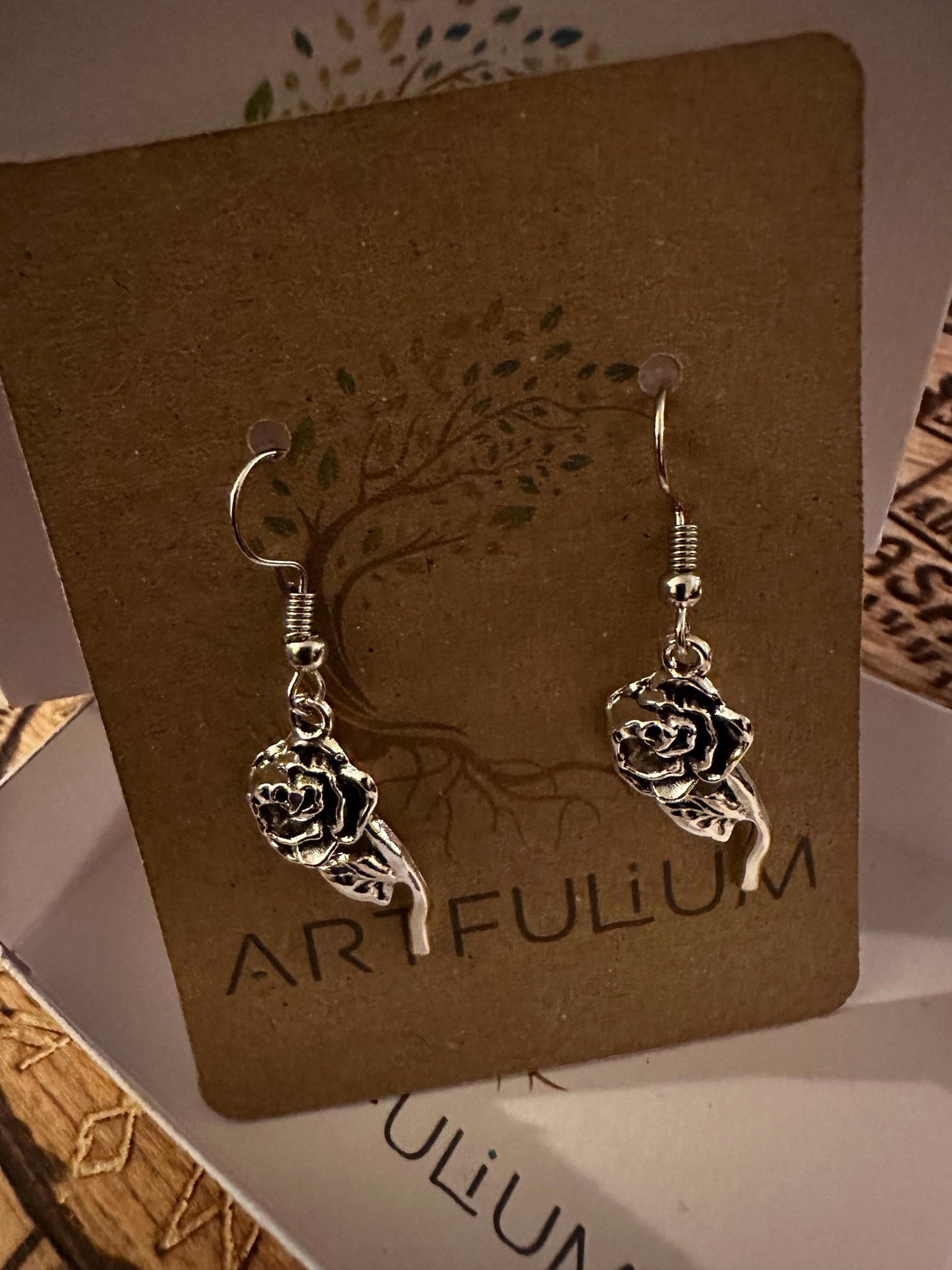 Rose Earrings - Zinc Alloy Dangle Earrings on Hypoallergenic Stainless Steel Hooks