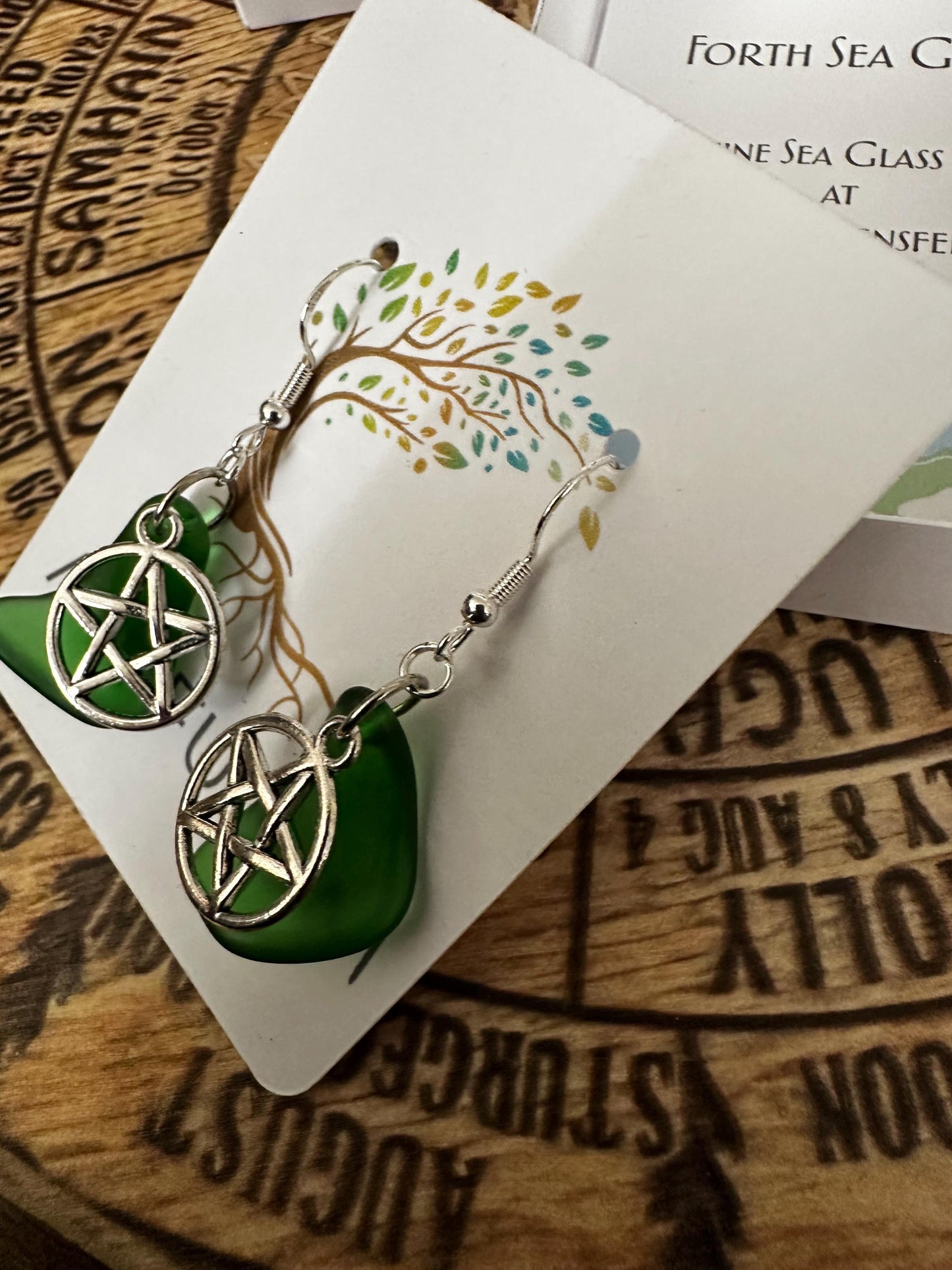 Pentacle Seaglass Earrings • Silver Plated Pagan Jewelry • Wiccan Charm Dangle • Scottish Coastal Gift