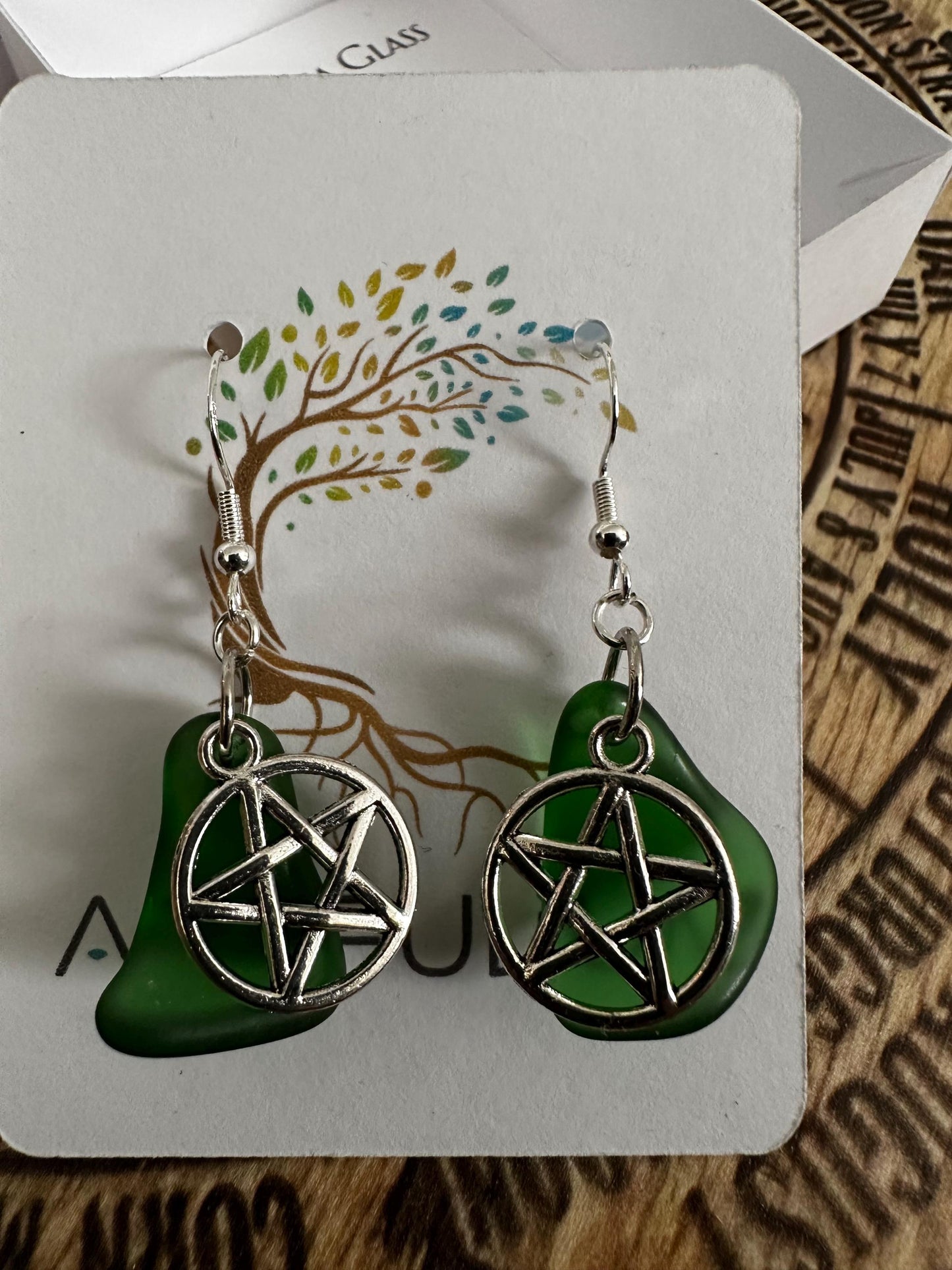 Pentacle Seaglass Earrings • Silver Plated Pagan Jewelry • Wiccan Charm Dangle • Scottish Coastal Gift