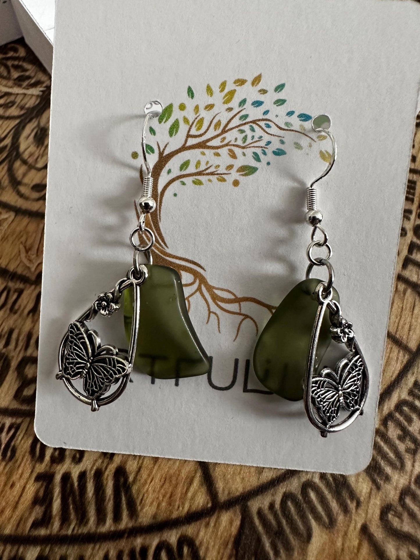 Butterfly & Flower Earrings • Silver Plated Dangle • Scottish Seaglass Garden Jewelry Gift