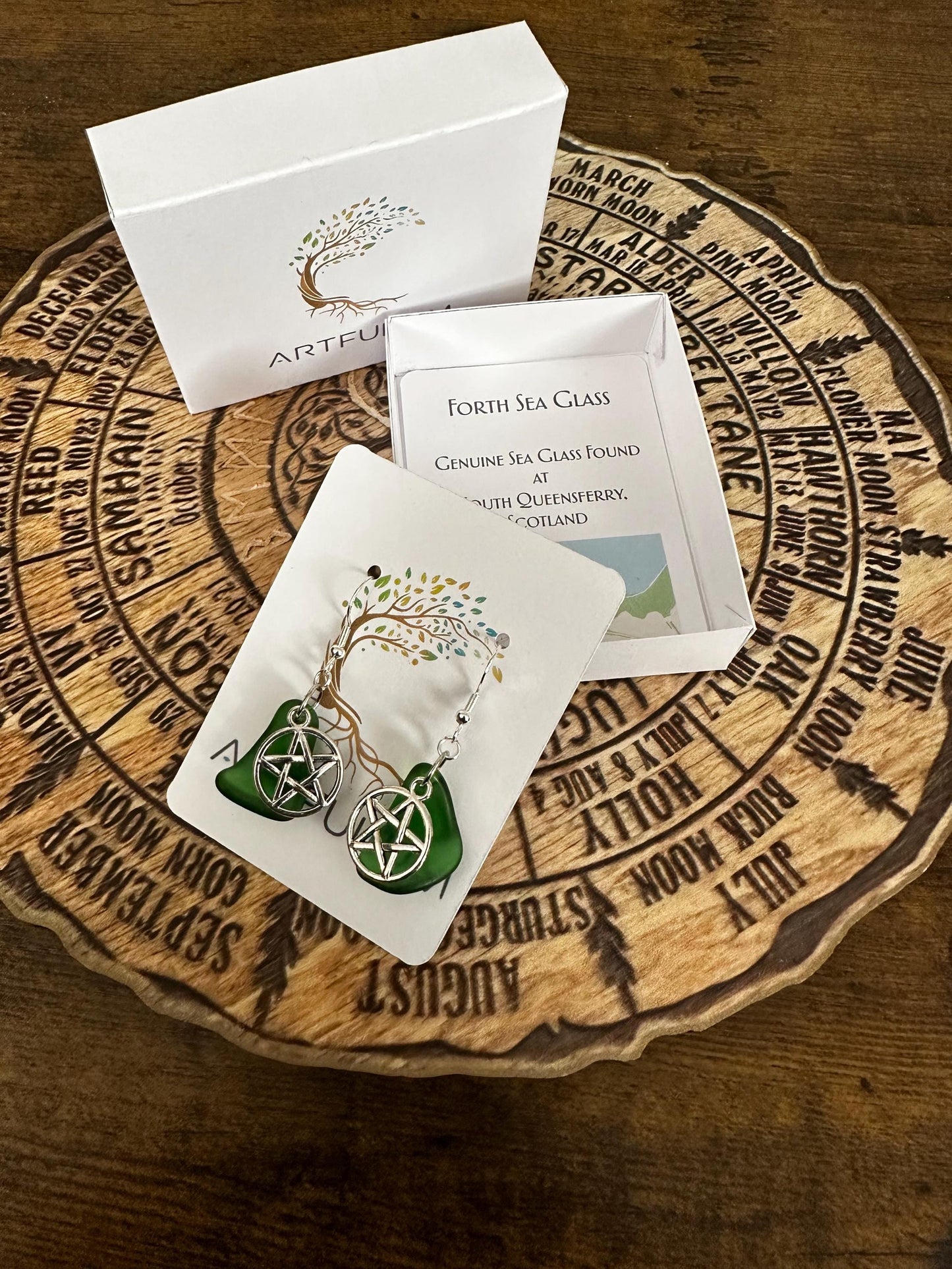 Pentacle Seaglass Earrings • Silver Plated Pagan Jewelry • Wiccan Charm Dangle • Scottish Coastal Gift