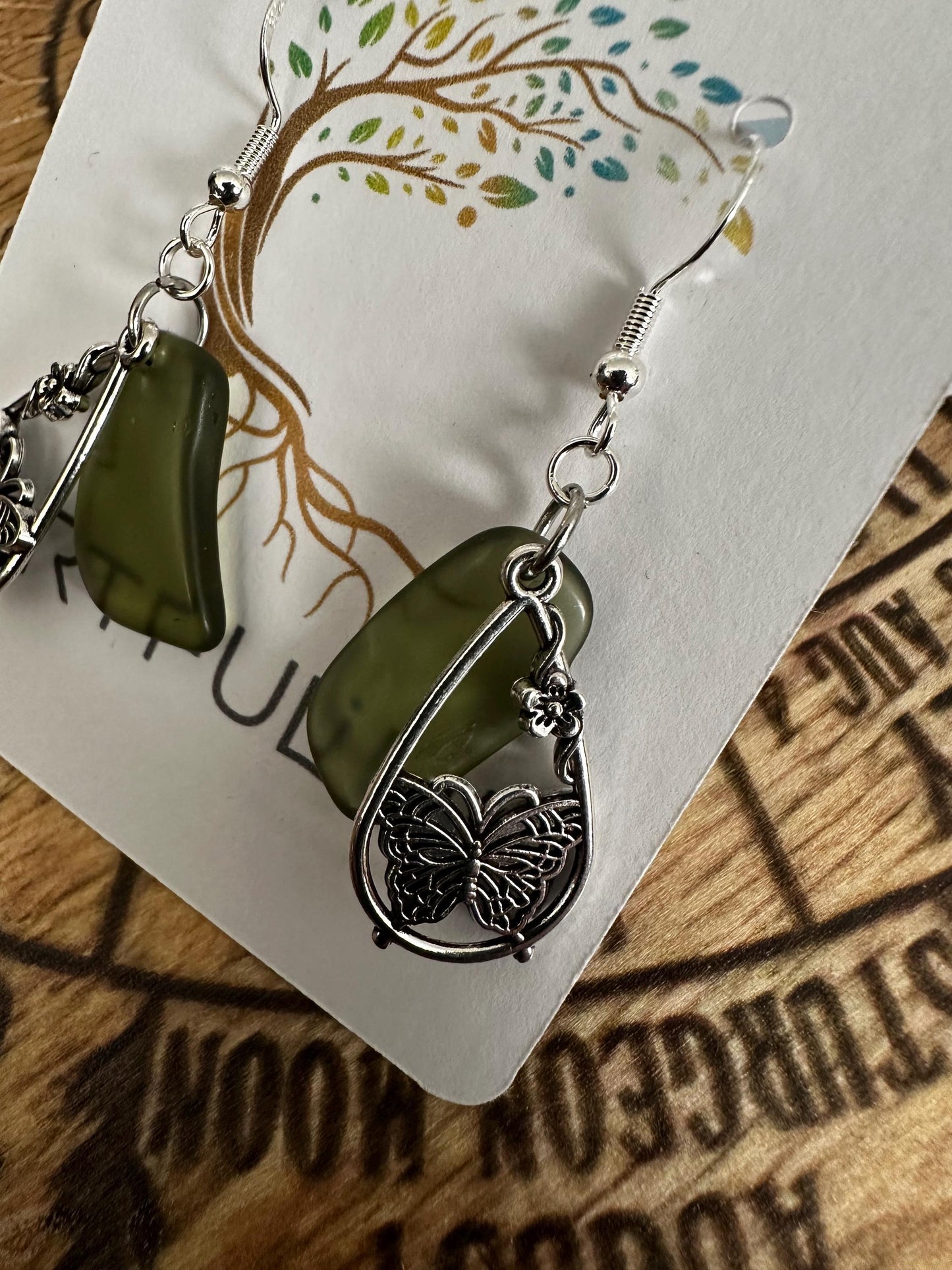 Butterfly & Flower Earrings • Silver Plated Dangle • Scottish Seaglass Garden Jewelry Gift