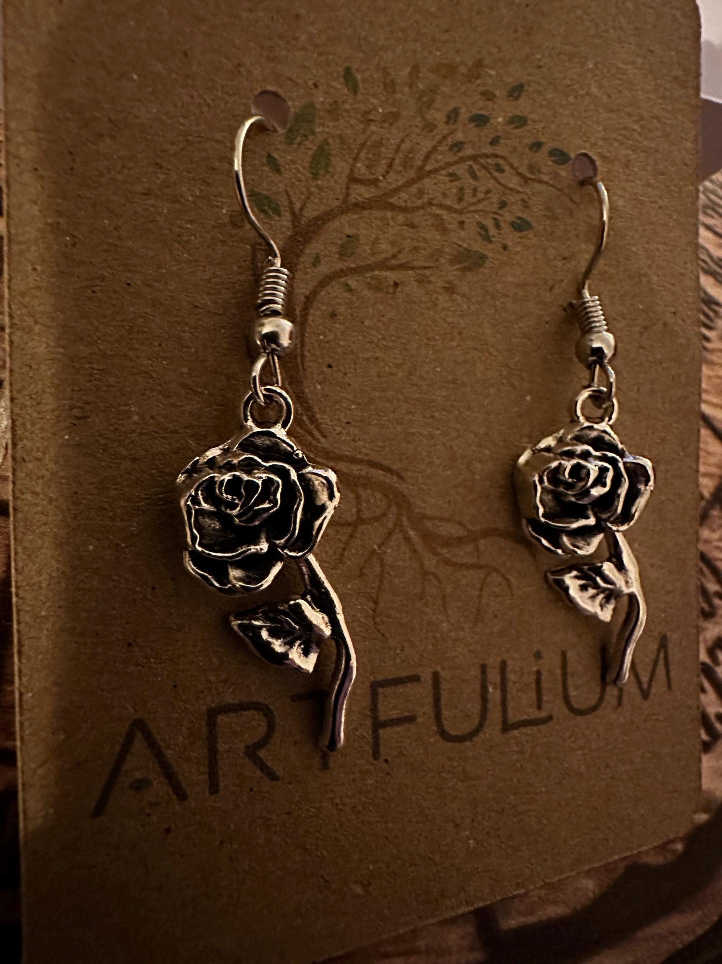 Rose Earrings - Zinc Alloy Dangle Earrings on Hypoallergenic Stainless Steel Hooks