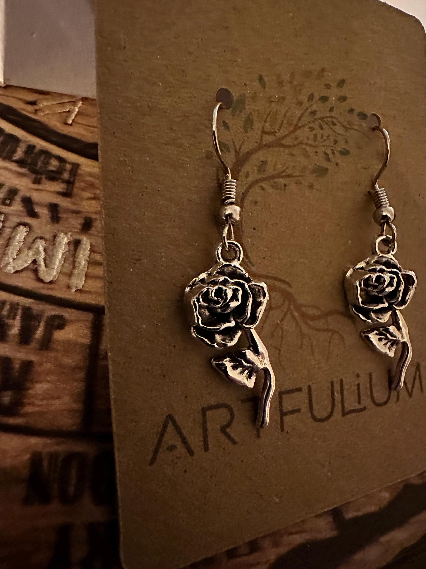 Rose Earrings - Zinc Alloy Dangle Earrings on Hypoallergenic Stainless Steel Hooks